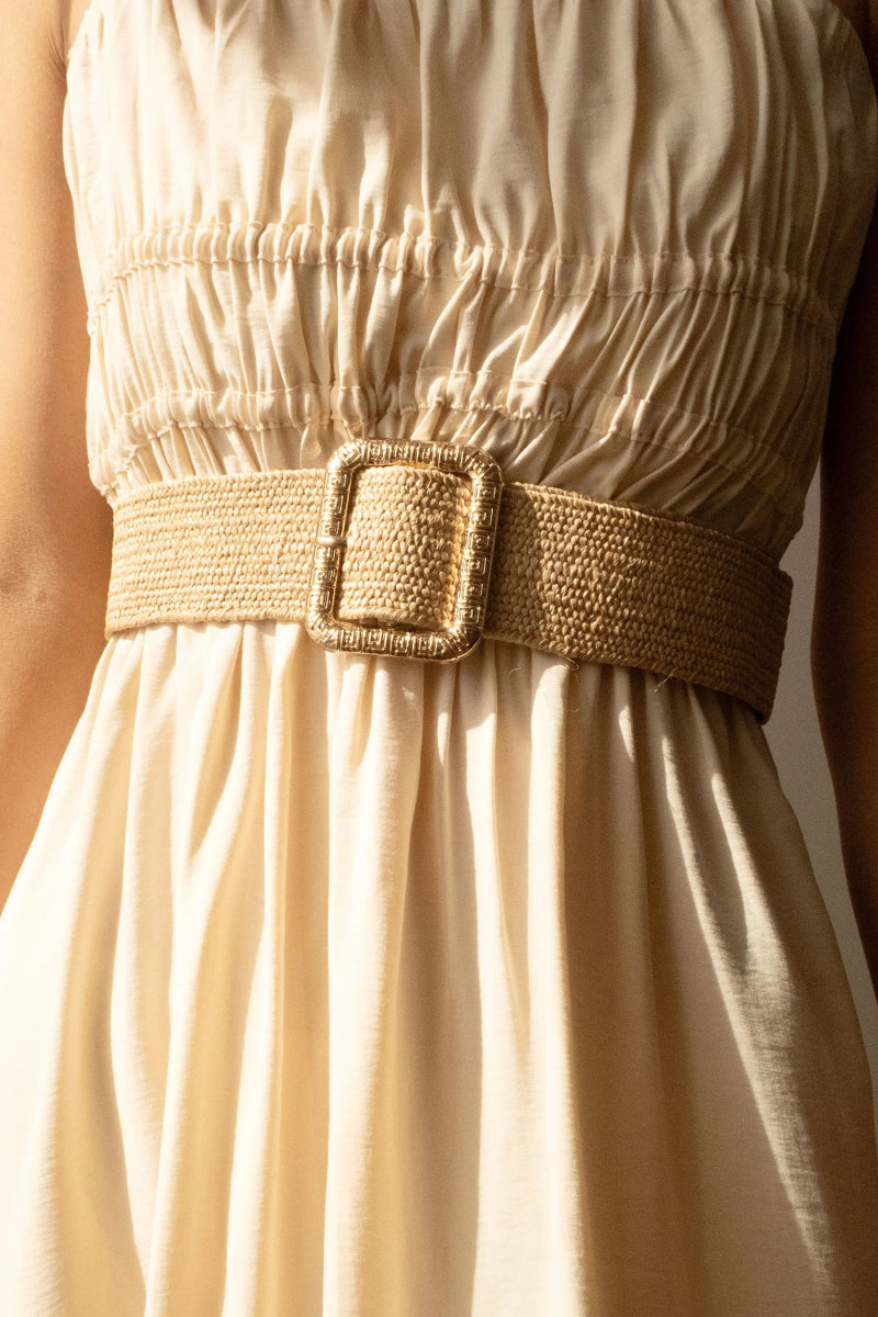 Ceinture raphia en paille élastique beige à boucle dorée - RIVE GAUCHE