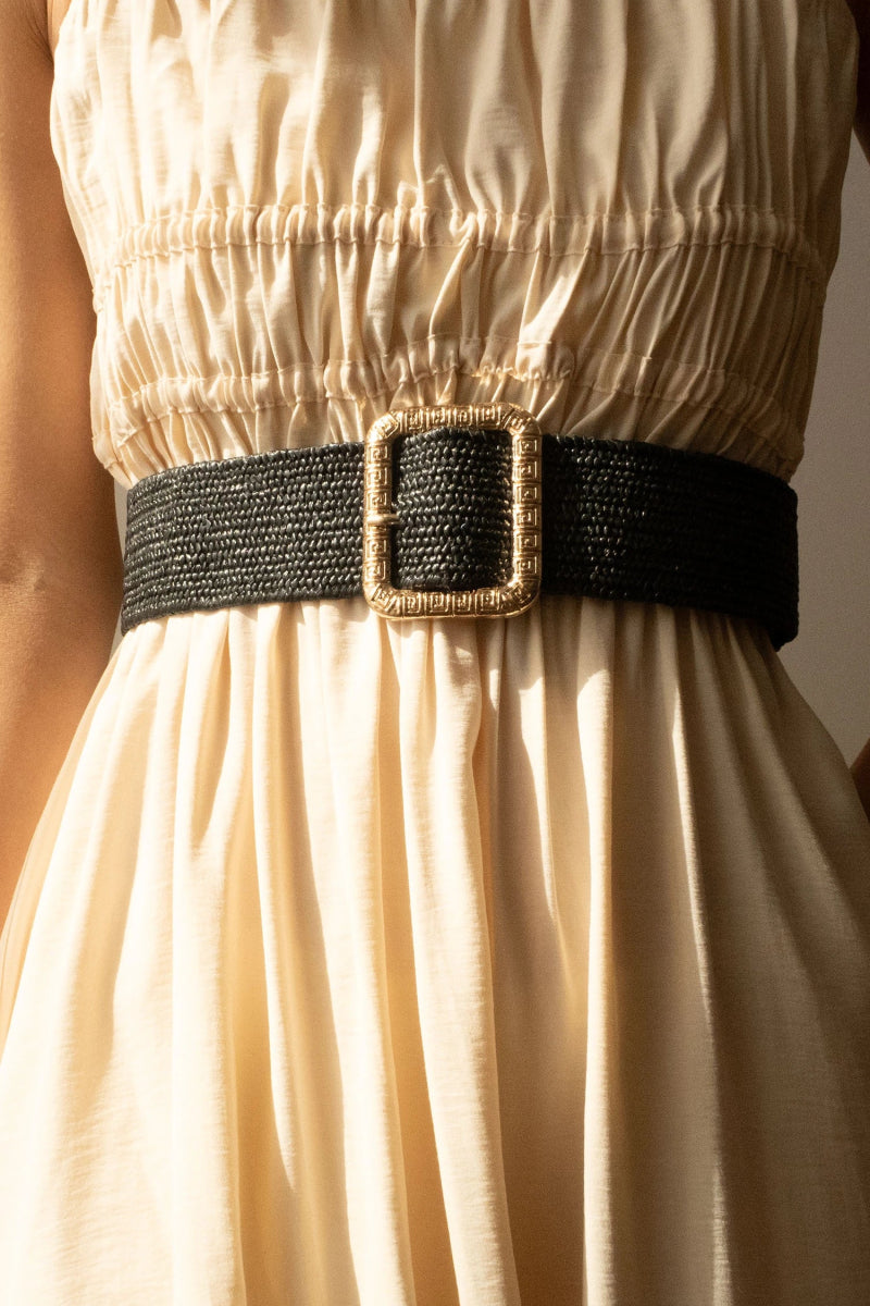 Ceinture raphia en paille élastique noire à boucle dorée - RIVE GAUCHE