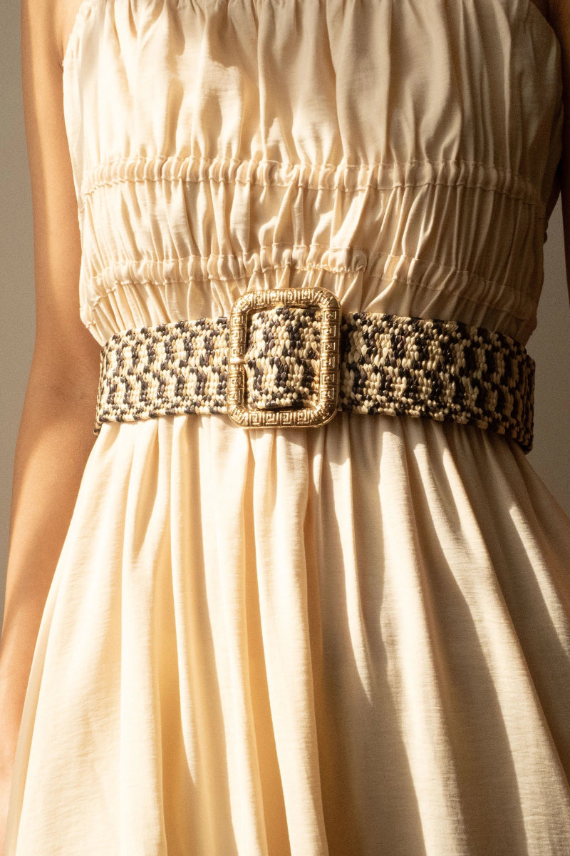 Ceinture raphia en paille élastique rayée à boucle dorée - RIVE GAUCHE