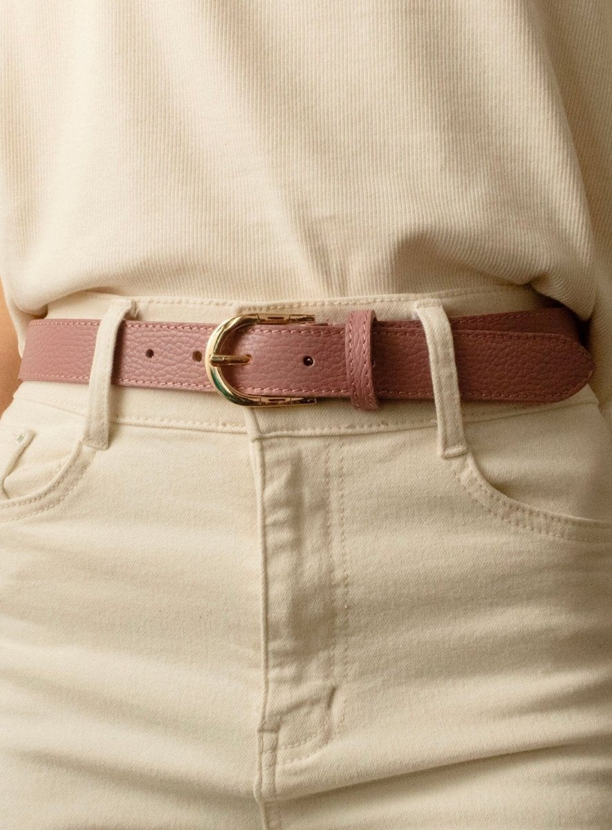 Ceinture rose à boucle dorée en cuir grainé - RIVE GAUCHE