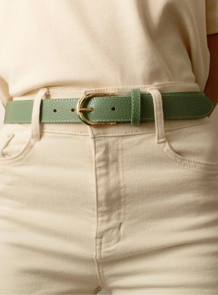 Ceinture vert d'eau à boucle dorée en cuir grainé - RIVE GAUCHE