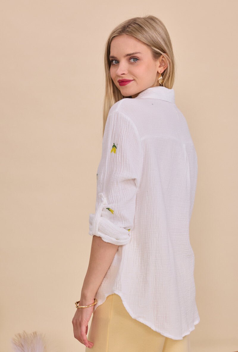 Chemise blanche en coton ample brodée de citrons - RIVE GAUCHE