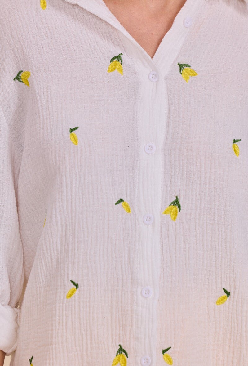 Chemise blanche en coton ample brodée de citrons - RIVE GAUCHE