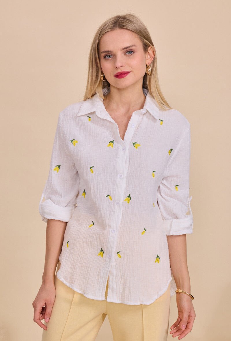 Chemise blanche en coton ample brodée de citrons - RIVE GAUCHE