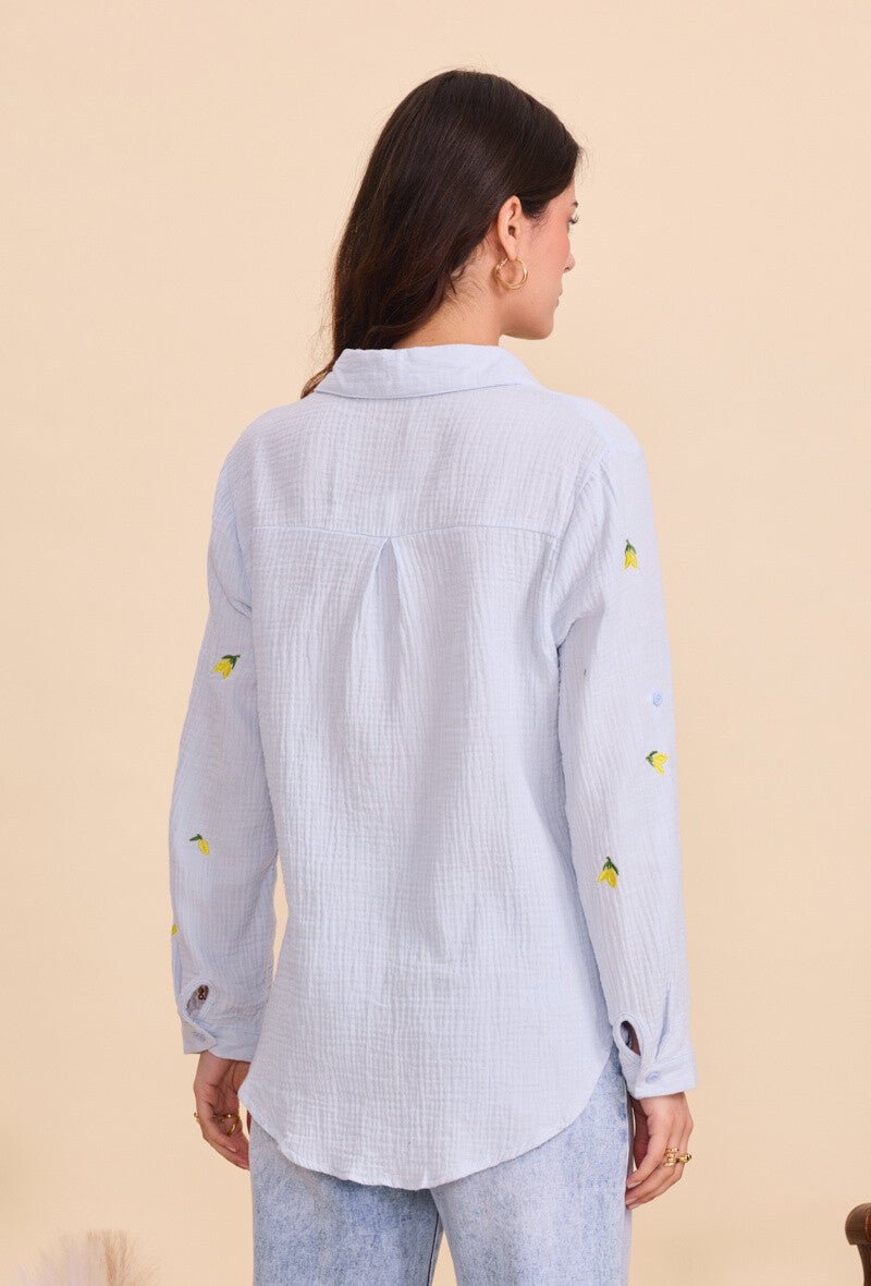 Chemise bleue ciel en coton ample brodée de citrons - RIVE GAUCHE