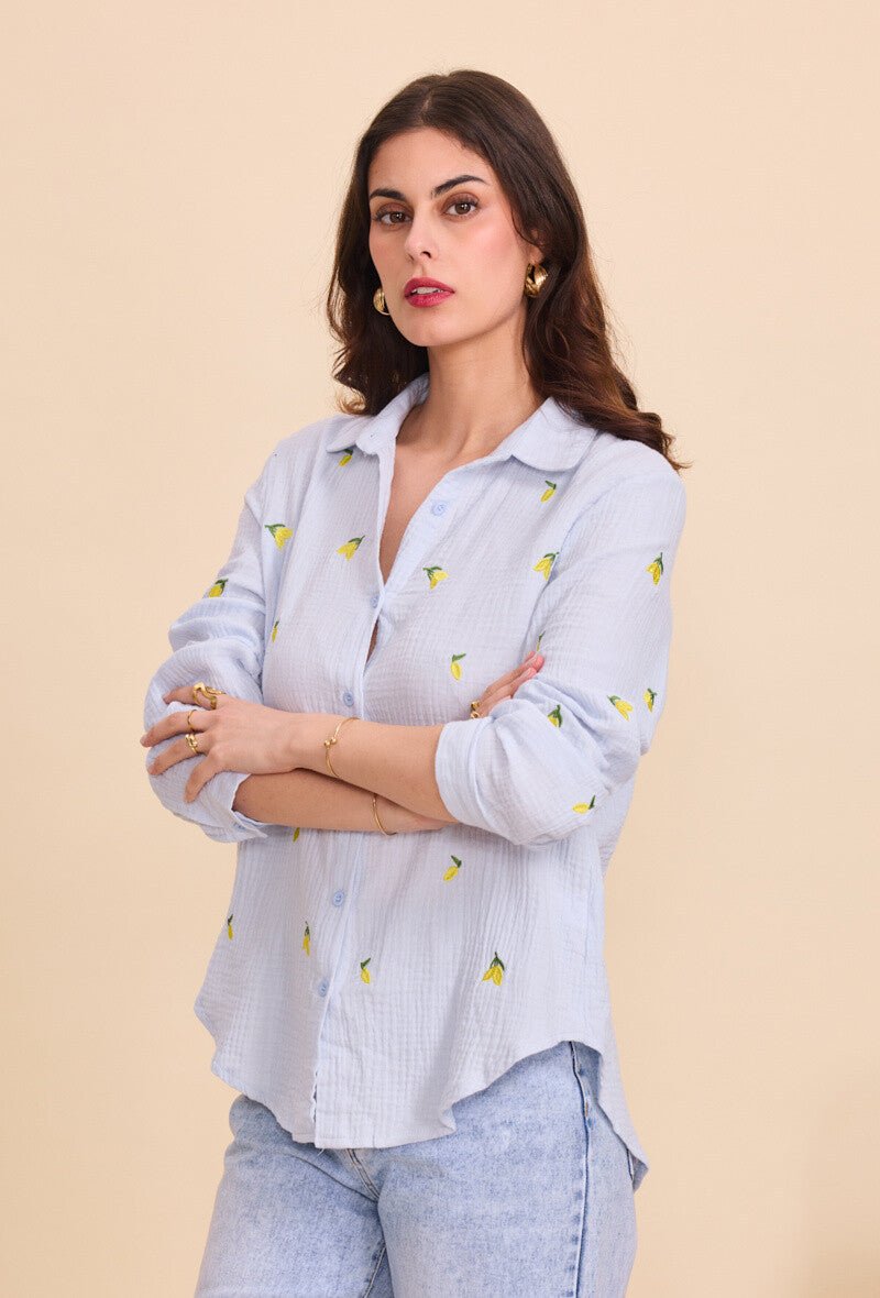 Chemise bleue ciel en coton ample brodée de citrons - RIVE GAUCHE
