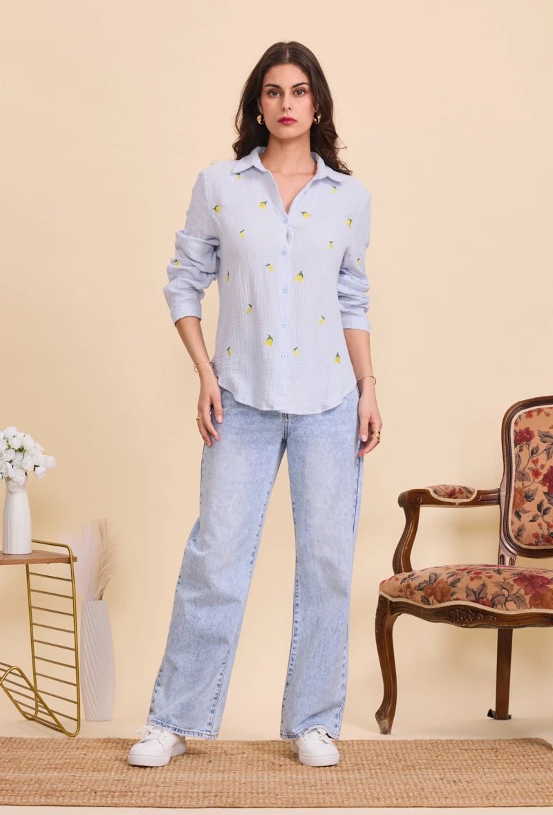Chemise bleue ciel en coton ample brodée de citrons - RIVE GAUCHE