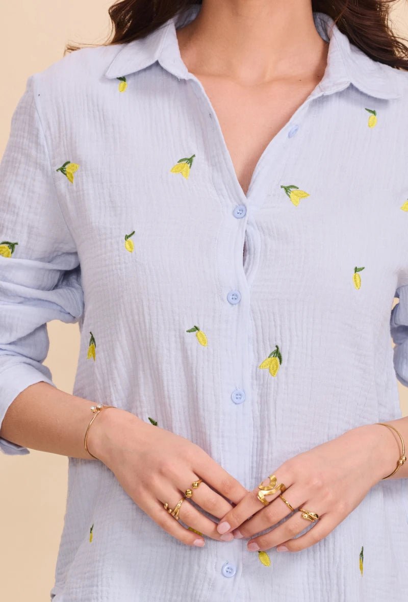 Chemise bleue ciel en coton ample brodée de citrons - RIVE GAUCHE