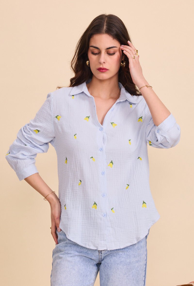 Chemise bleue ciel en coton ample brodée de citrons - RIVE GAUCHE