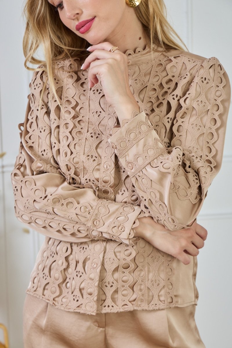 Chemise fluide satinée beige avec dentelle - RIVE GAUCHE