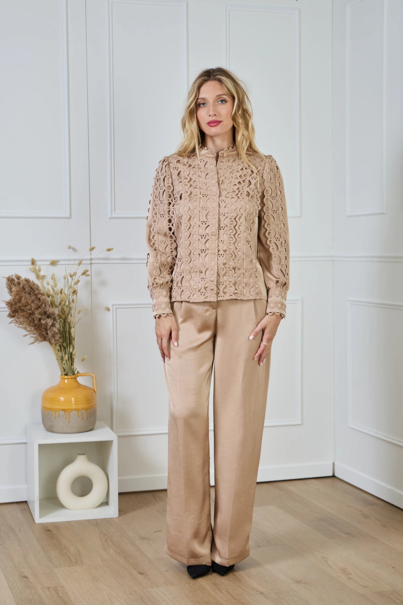 Chemise fluide satinée beige avec dentelle - RIVE GAUCHE