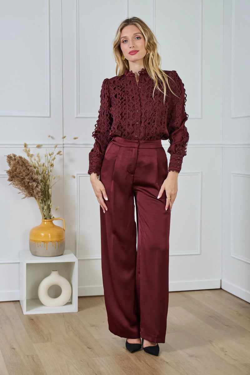 Chemise fluide satinée bordeaux avec dentelle - RIVE GAUCHE
