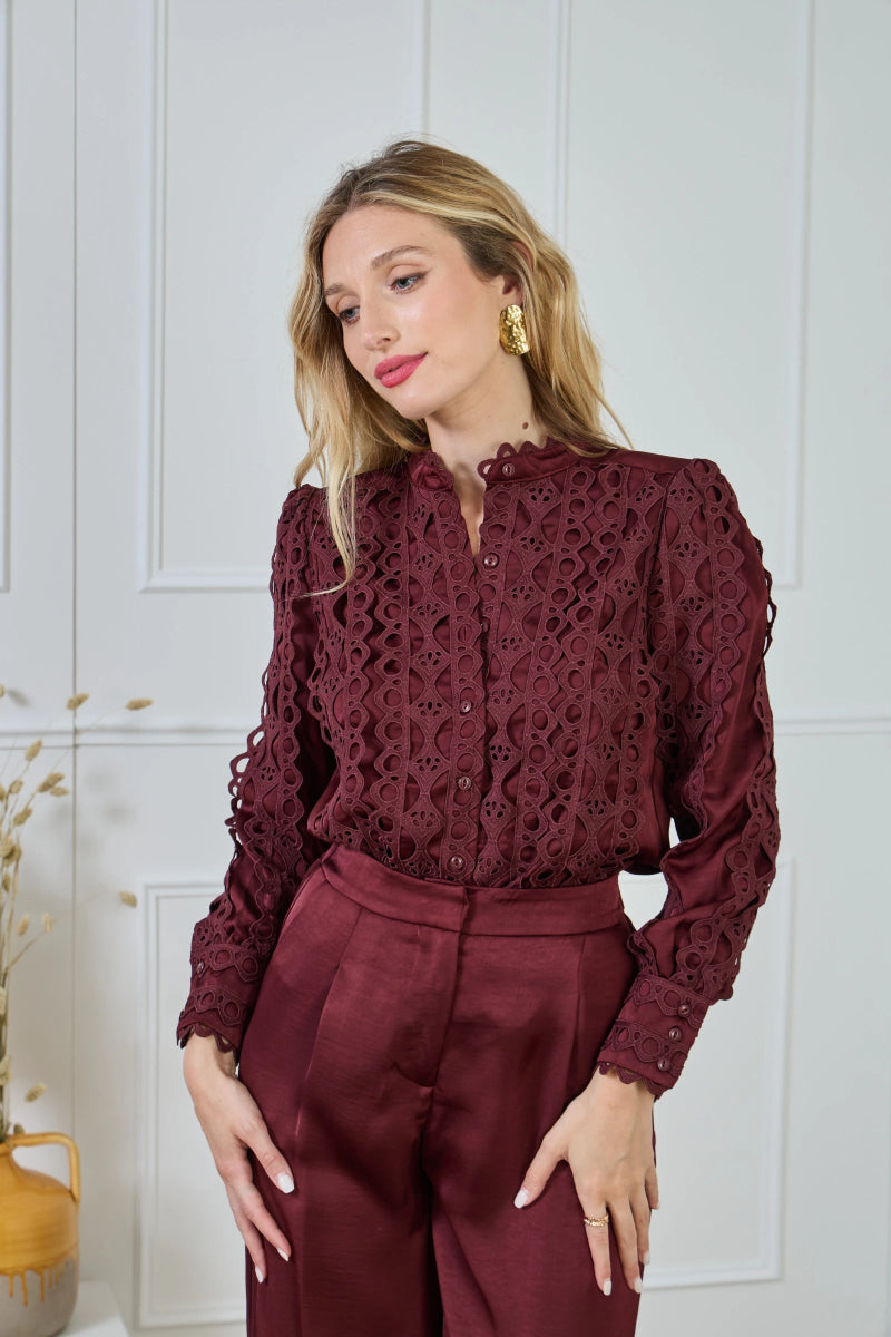 Chemise fluide satinée bordeaux avec dentelle - RIVE GAUCHE