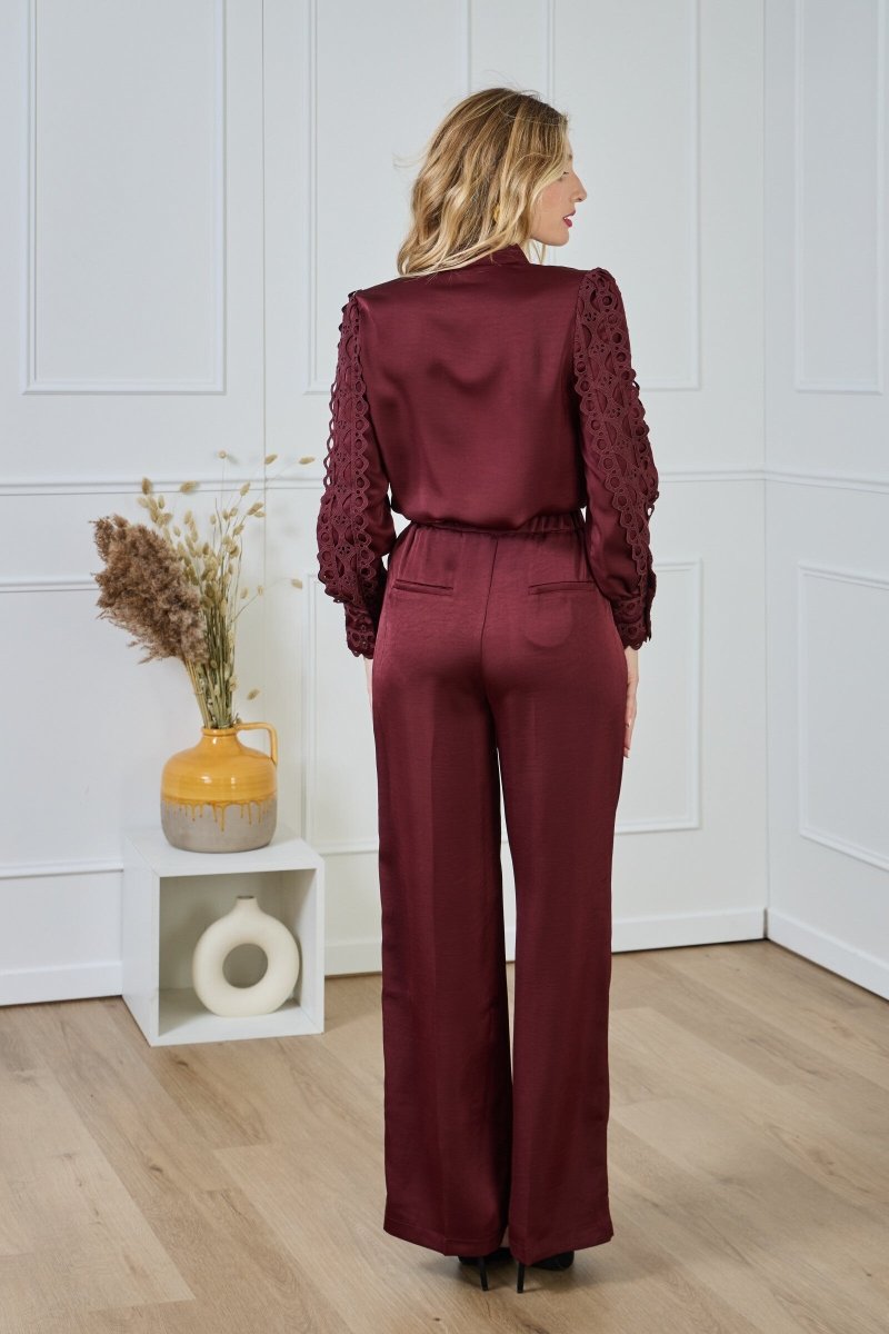 Chemise fluide satinée bordeaux avec dentelle - RIVE GAUCHE