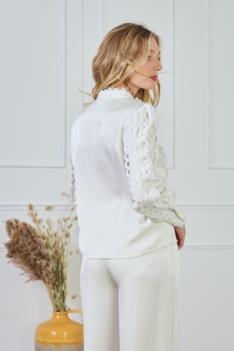 Chemise fluide satinée écrue avec dentelle - RIVE GAUCHE