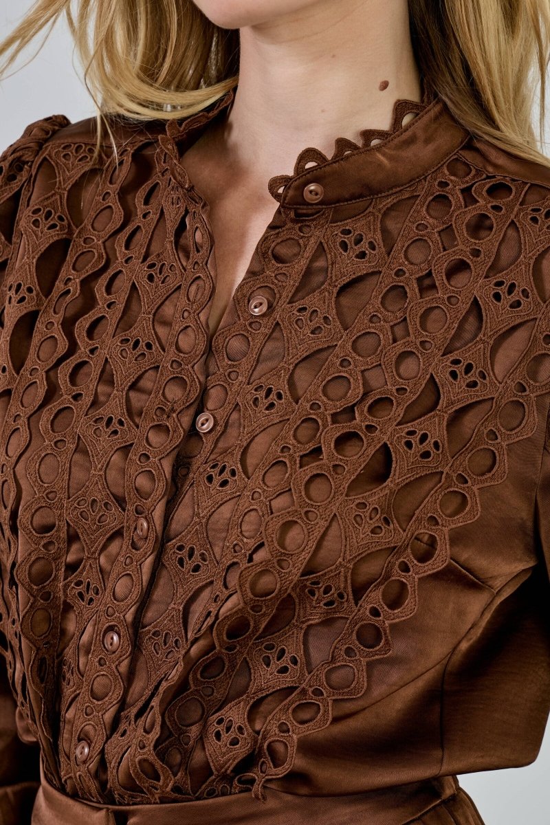 Chemise fluide satinée marron avec dentelle - RIVE GAUCHE