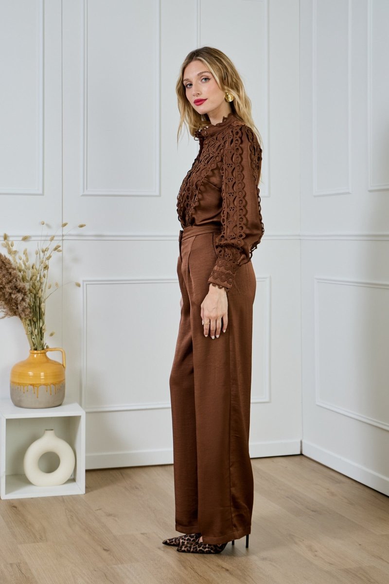 Chemise fluide satinée marron avec dentelle - RIVE GAUCHE