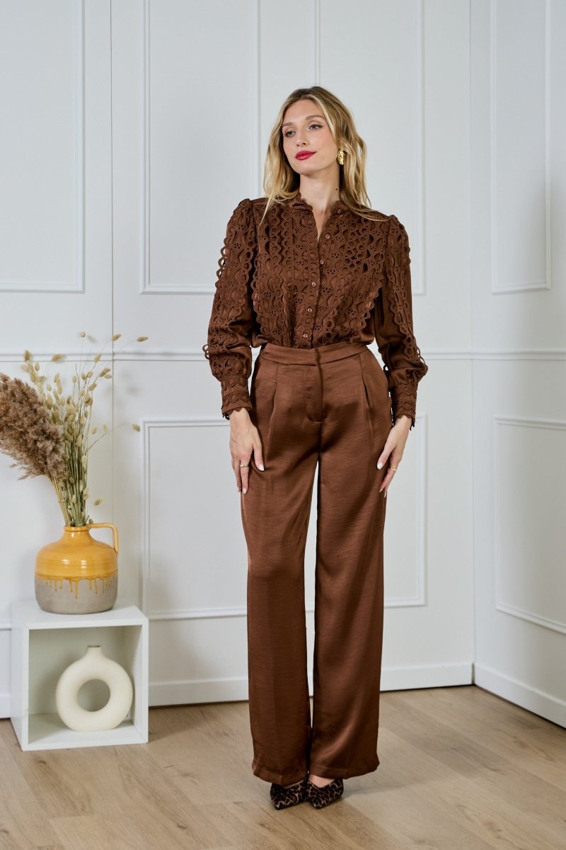 Chemise fluide satinée marron avec dentelle - RIVE GAUCHE