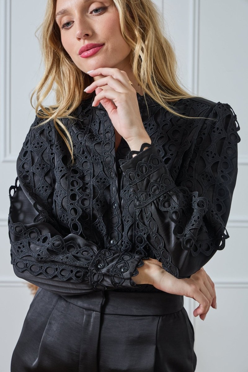 Chemise fluide satinée noire avec dentelle - RIVE GAUCHE