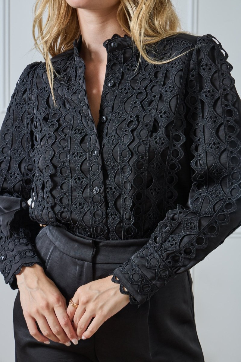 Chemise fluide satinée noire avec dentelle - RIVE GAUCHE