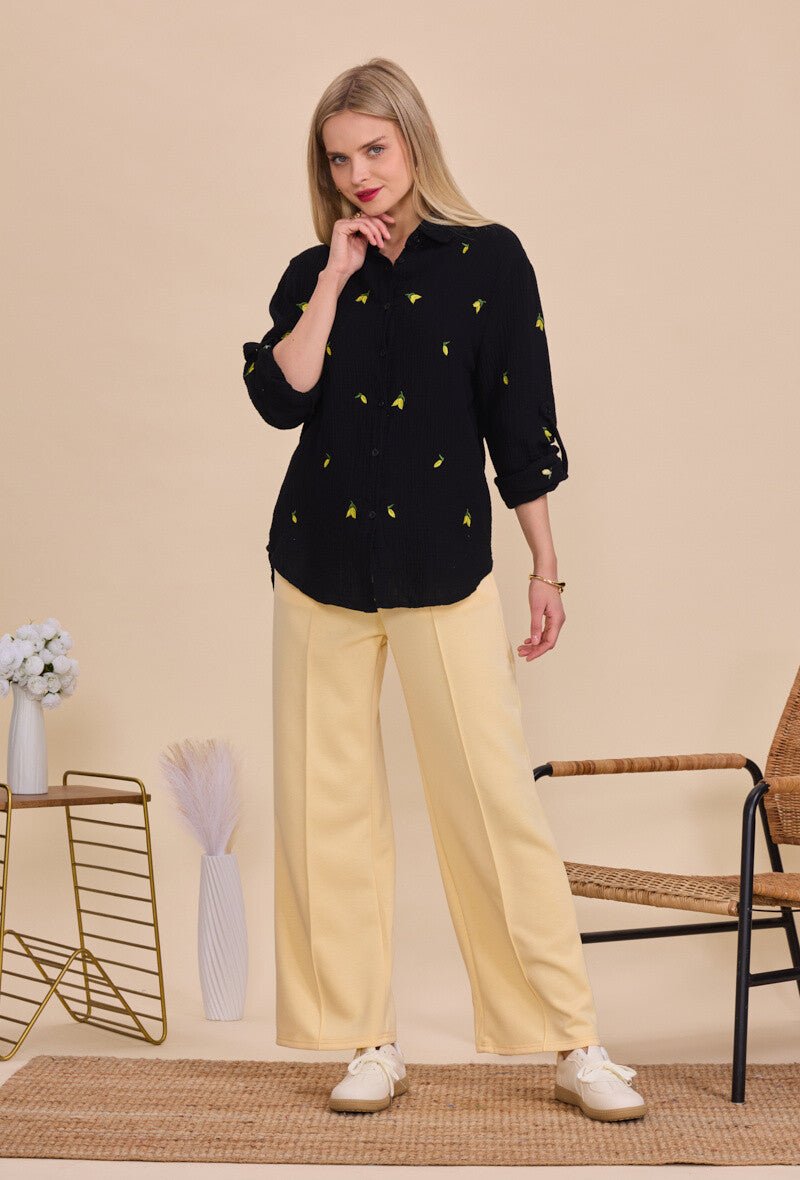 Chemise noire en coton ample brodée de citrons - RIVE GAUCHE