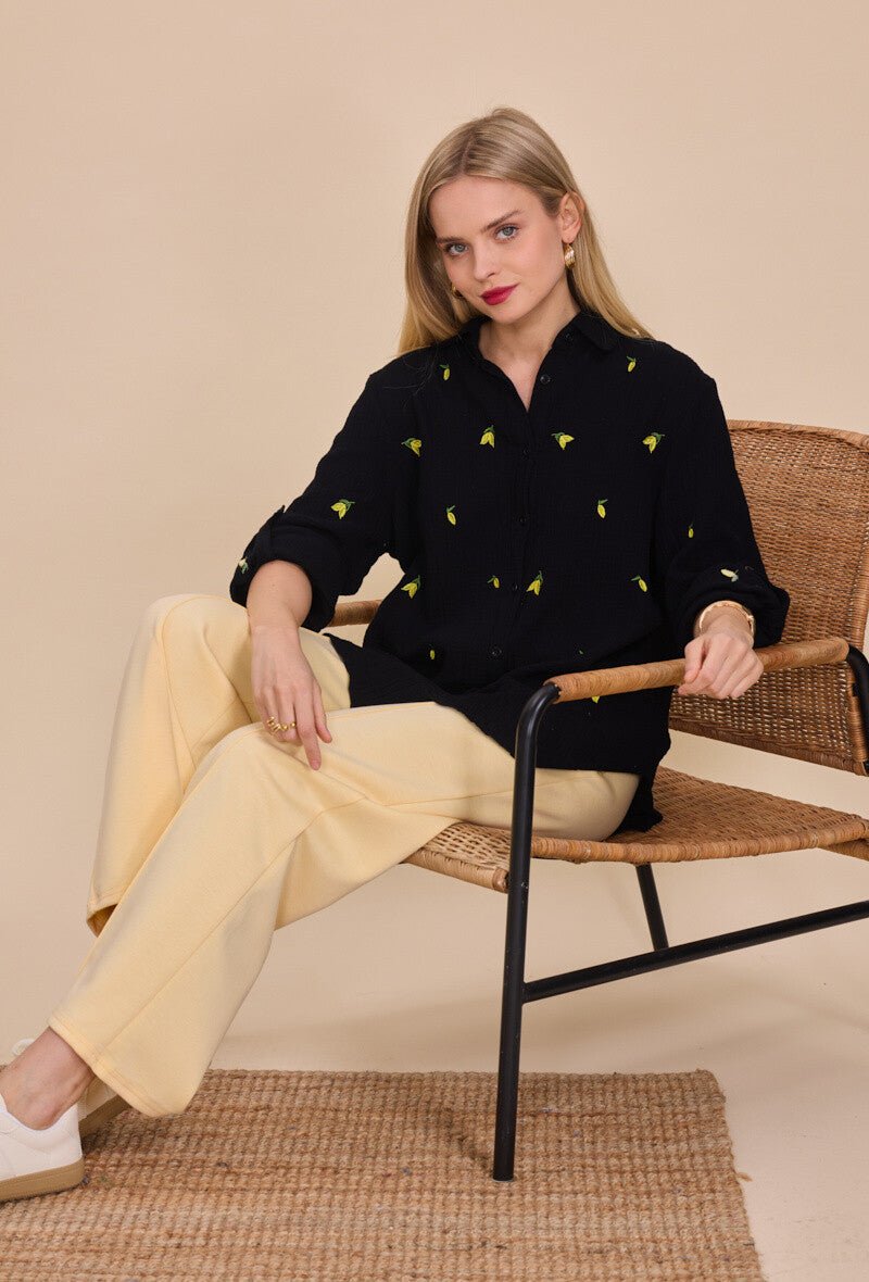 Chemise noire en coton ample brodée de citrons - RIVE GAUCHE