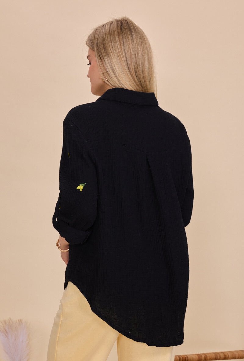 Chemise noire en coton ample brodée de citrons - RIVE GAUCHE