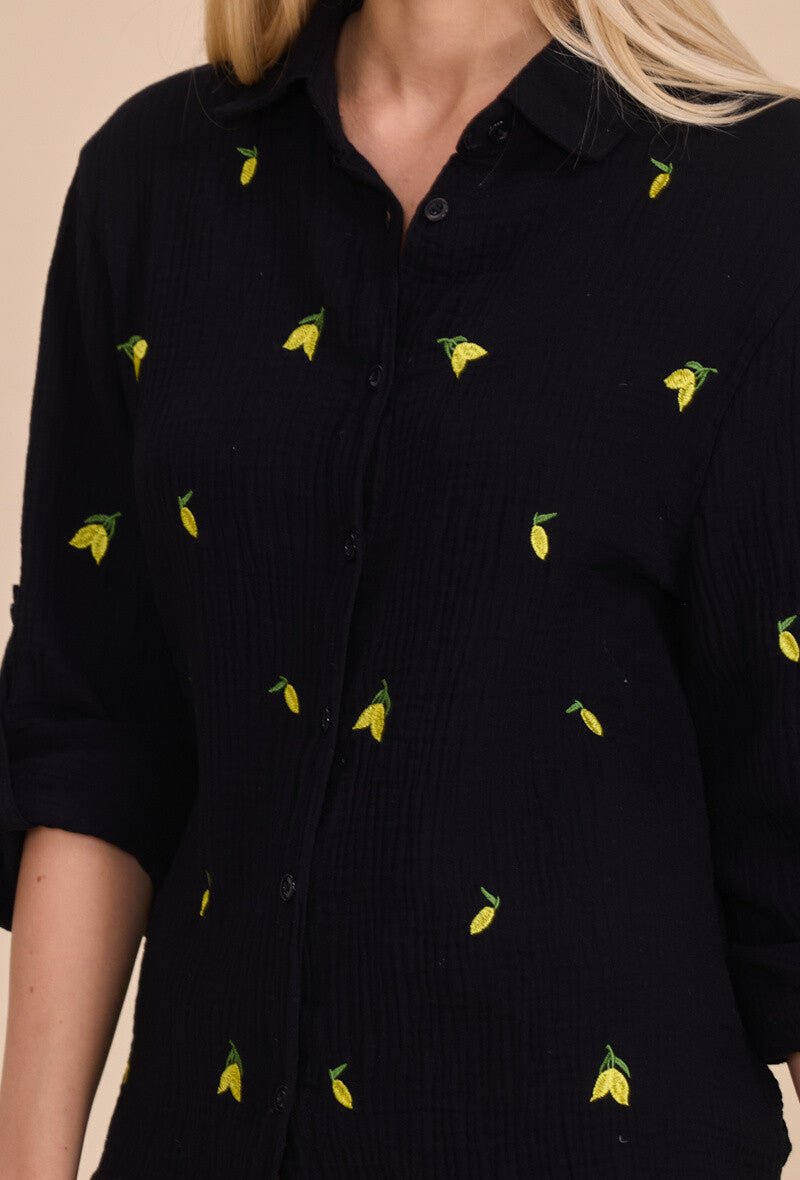 Chemise noire en coton ample brodée de citrons - RIVE GAUCHE