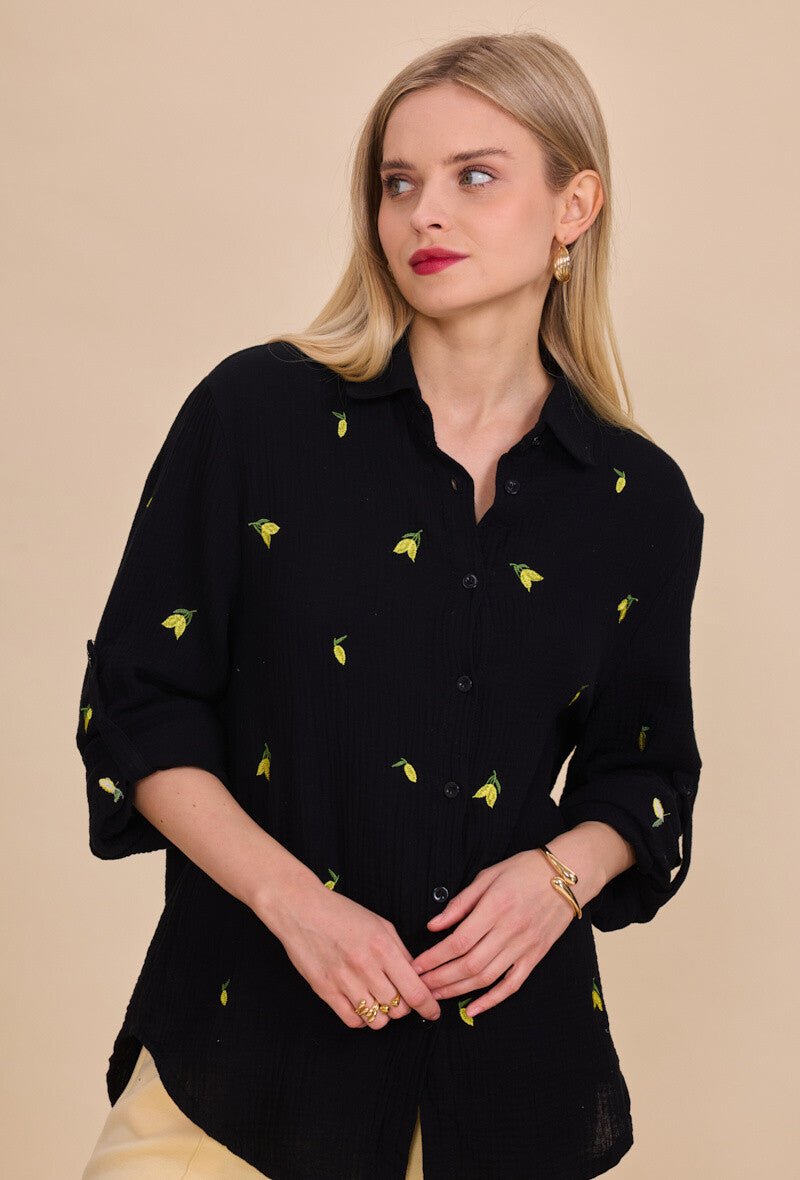 Chemise noire en coton ample brodée de citrons - RIVE GAUCHE