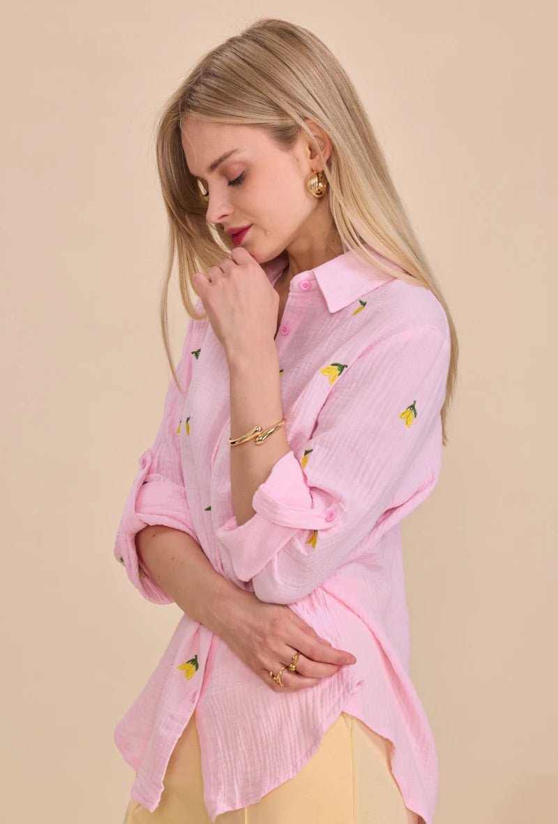 Chemise rose en coton ample brodée de citrons - RIVE GAUCHE