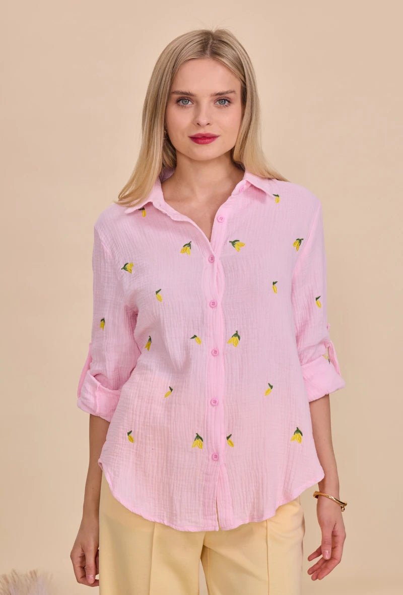 Chemise rose en coton ample brodée de citrons - RIVE GAUCHE