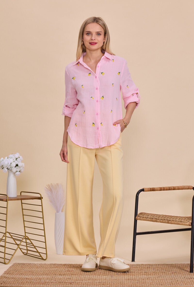 Chemise rose en coton ample brodée de citrons - RIVE GAUCHE