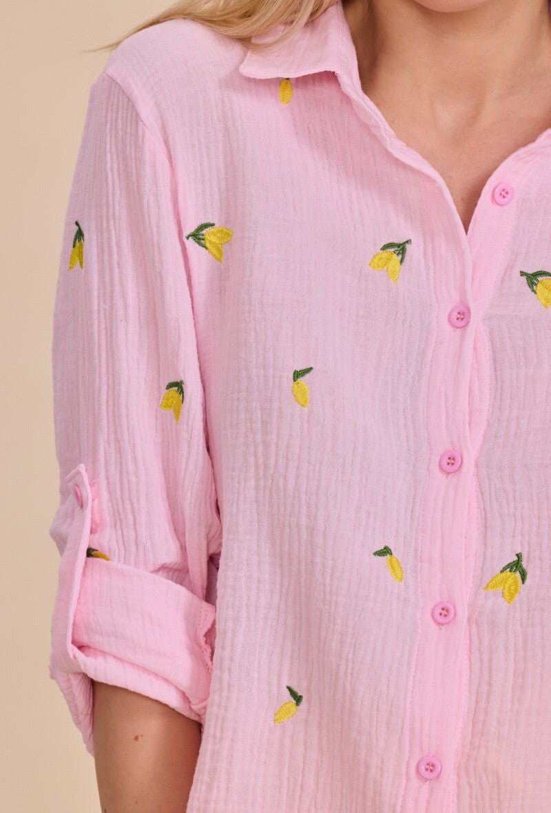 Chemise rose en coton ample brodée de citrons - RIVE GAUCHE