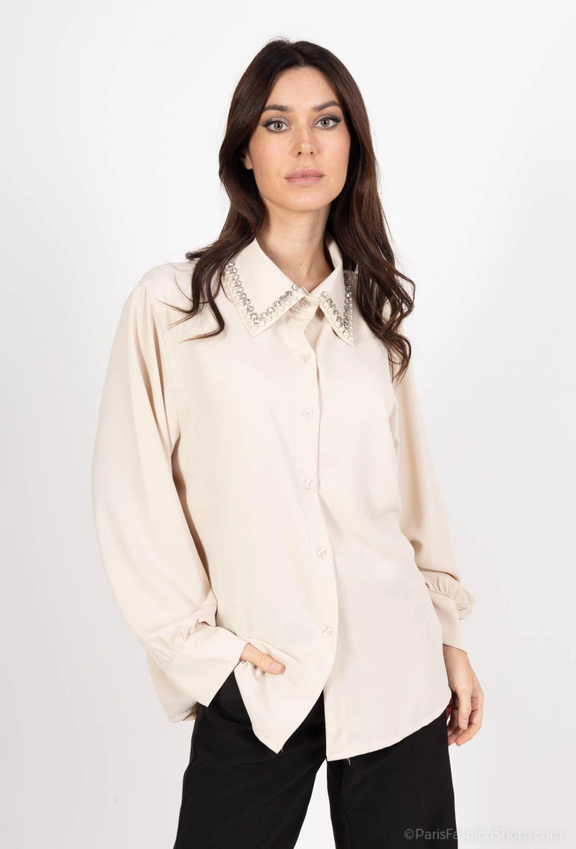 Chemisier beige à col orné de strass - RIVE GAUCHE