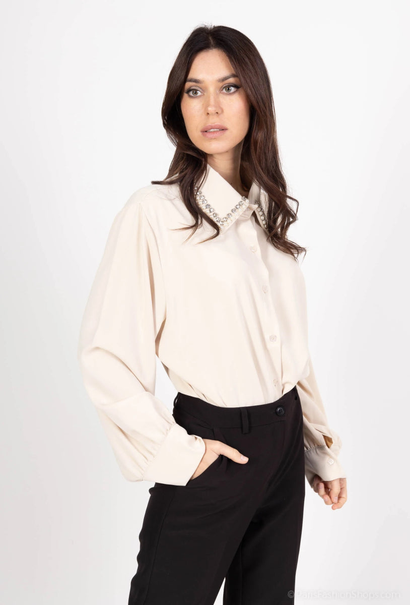 Chemisier beige à col orné de strass - RIVE GAUCHE