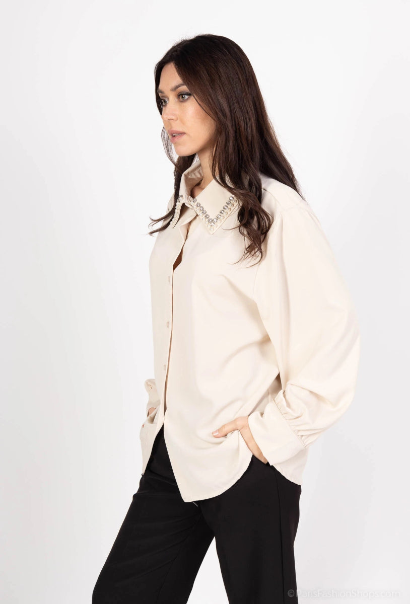 Chemisier beige à col orné de strass - RIVE GAUCHE