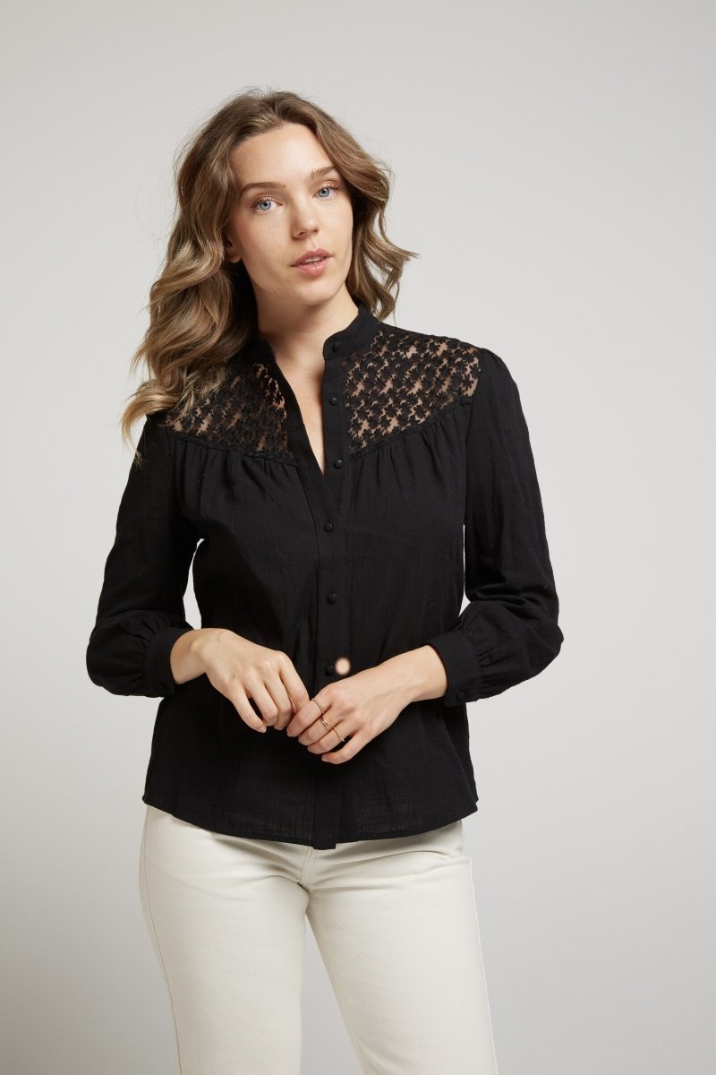 Chemisier dentelle fleurie en coton noir - RIVE GAUCHE