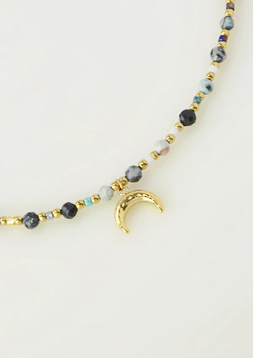 Collier pierres & perles en acier inoxydable – pendentif croissant de lune - RIVE GAUCHE