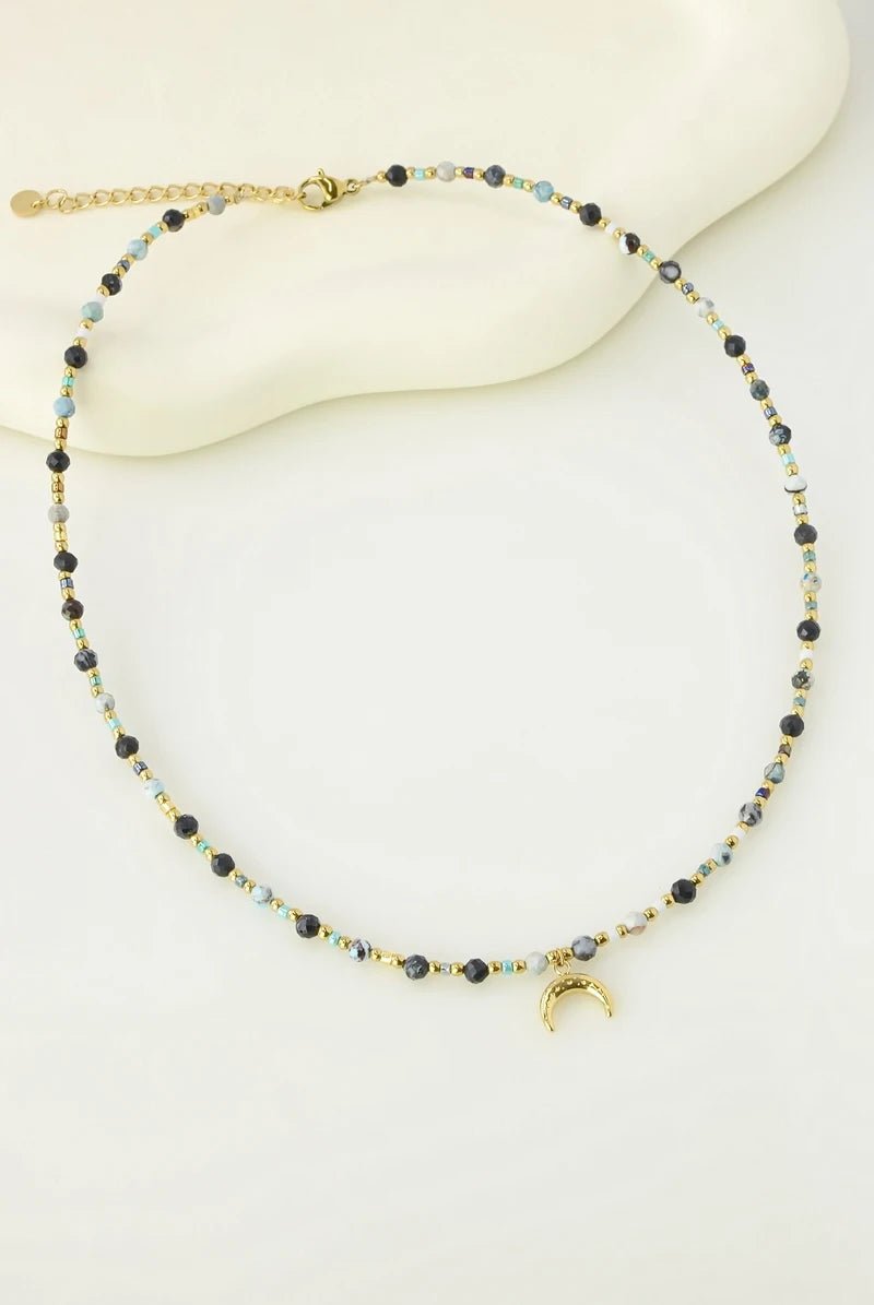 Collier pierres & perles en acier inoxydable – pendentif croissant de lune - RIVE GAUCHE