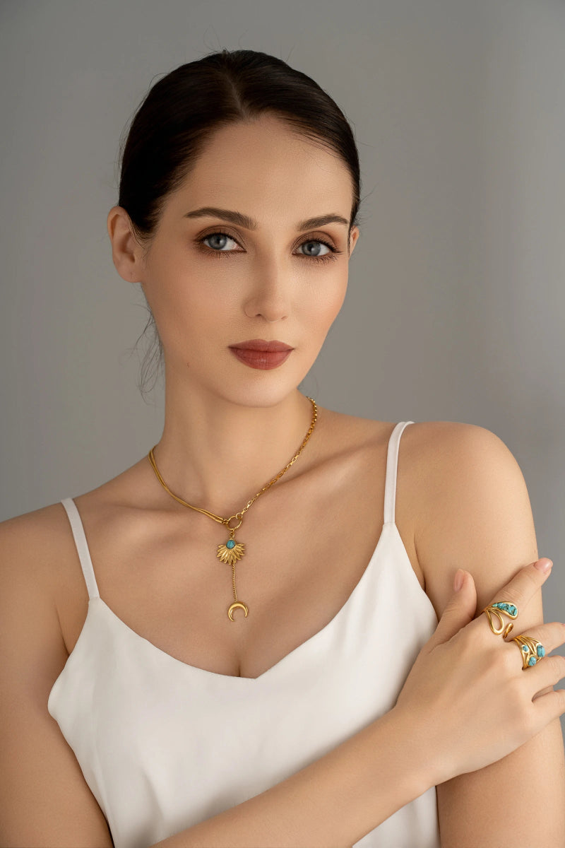 Collier soleil & lune dorés - Turquoise Éclat Bohème Chic - RIVE GAUCHE