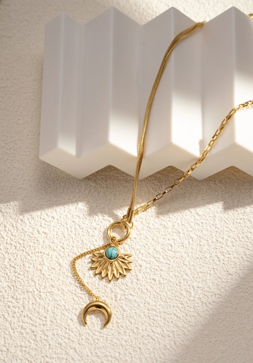 Collier soleil & lune dorés - Turquoise Éclat Bohème Chic - RIVE GAUCHE