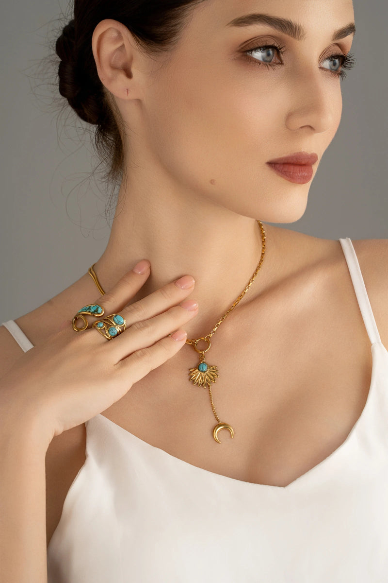 Collier soleil & lune dorés - Turquoise Éclat Bohème Chic - RIVE GAUCHE