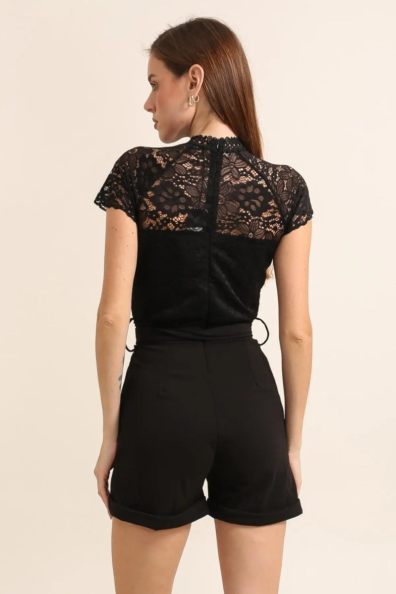 Combi - short noire élégante en dentelle et ceinture nouée - RIVE GAUCHE