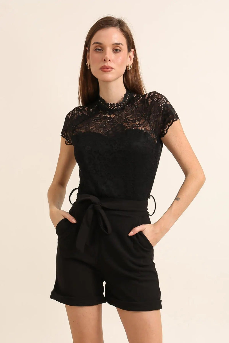 Combi - short noire élégante en dentelle et ceinture nouée - RIVE GAUCHE