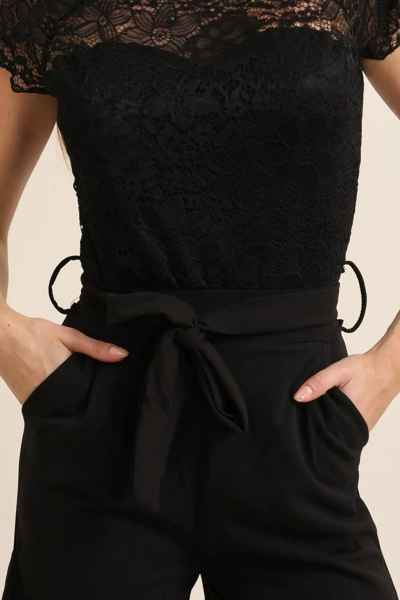 Combi - short noire élégante en dentelle et ceinture nouée - RIVE GAUCHE