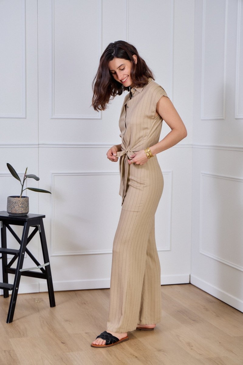 Combinaison beige sans manches à rayures - RIVE GAUCHE