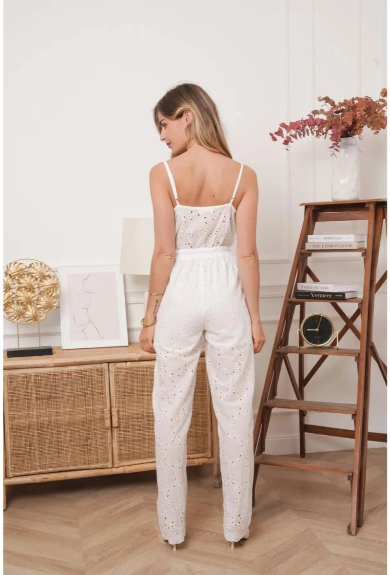 Combinaison blanche en coton style volants en dentelle avec cordon noué à la taille - RIVE GAUCHE