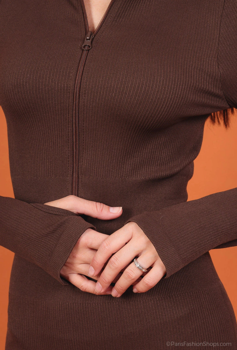 Combinaison côtelée zippée col montant chocolat - RIVE GAUCHE