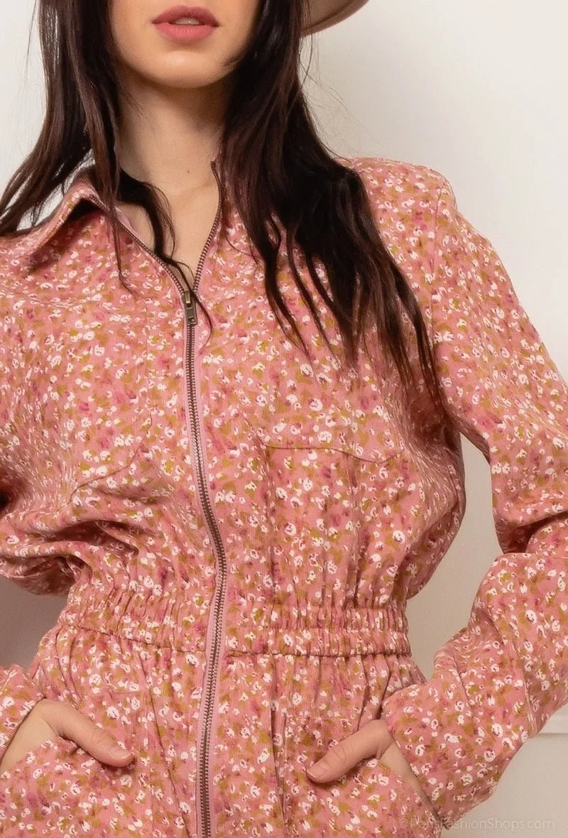 Combinaison en velours côtelé rose à imprimé fleurs - RIVE GAUCHE