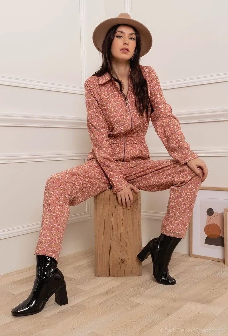 Combinaison en velours côtelé rose à imprimé fleurs - RIVE GAUCHE